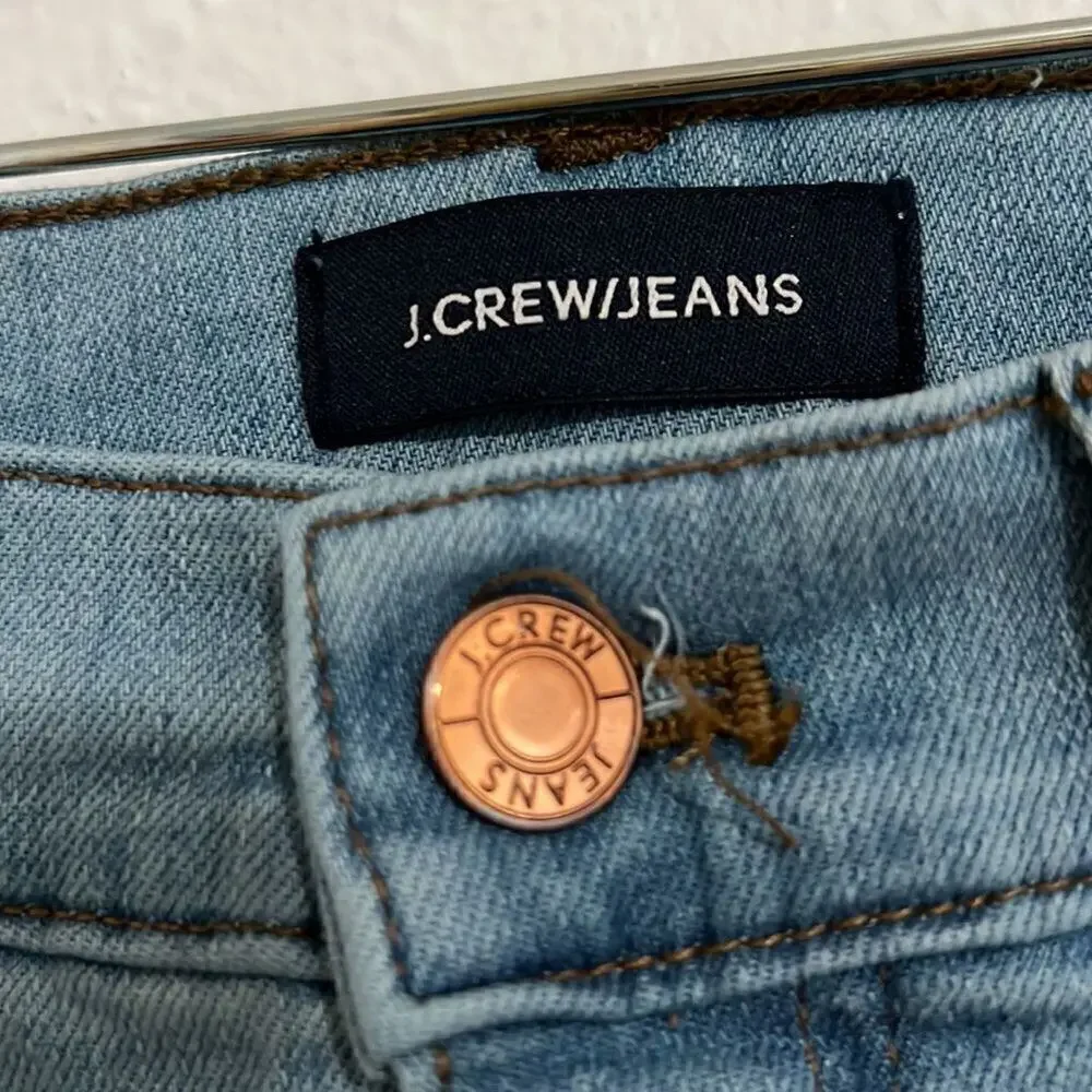 J Crew Fair Trade Certified Light Wash Button Fly Front Raw Hem Skinny Jeans 26
